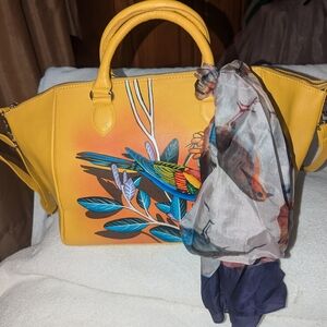Chic Yellow  Leather Satchel with Bird Design
